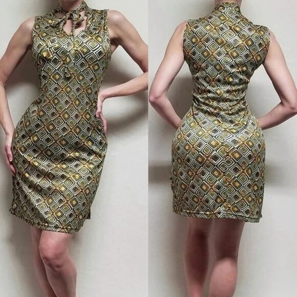 70s Vintage Headliners Sport Retro Geometric Print Tie-Neck Mod Mini Dress 2X - Picture 1 of 11